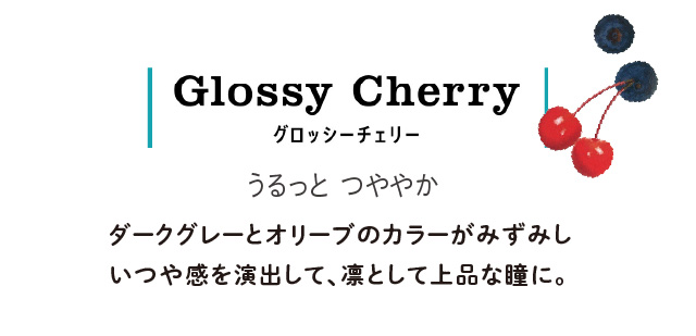 Glossy Cherry グロッシーチェリー うるっと つややか ダークグレーとオリーブのからがみずみずしツヤ感を演出して凛として上品な瞳に。
